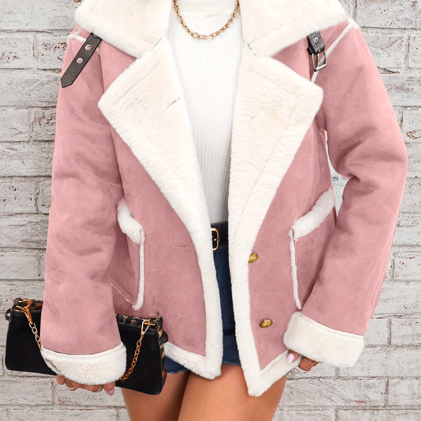 Women's Winter Jacket - Pink & White Collar with Pockets