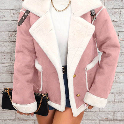 Women's Winter Jacket - Pink & White Collar with Pockets