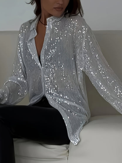 Plus Size Elegant Sequined Long-Sleeve Shirt - Lapel Collar