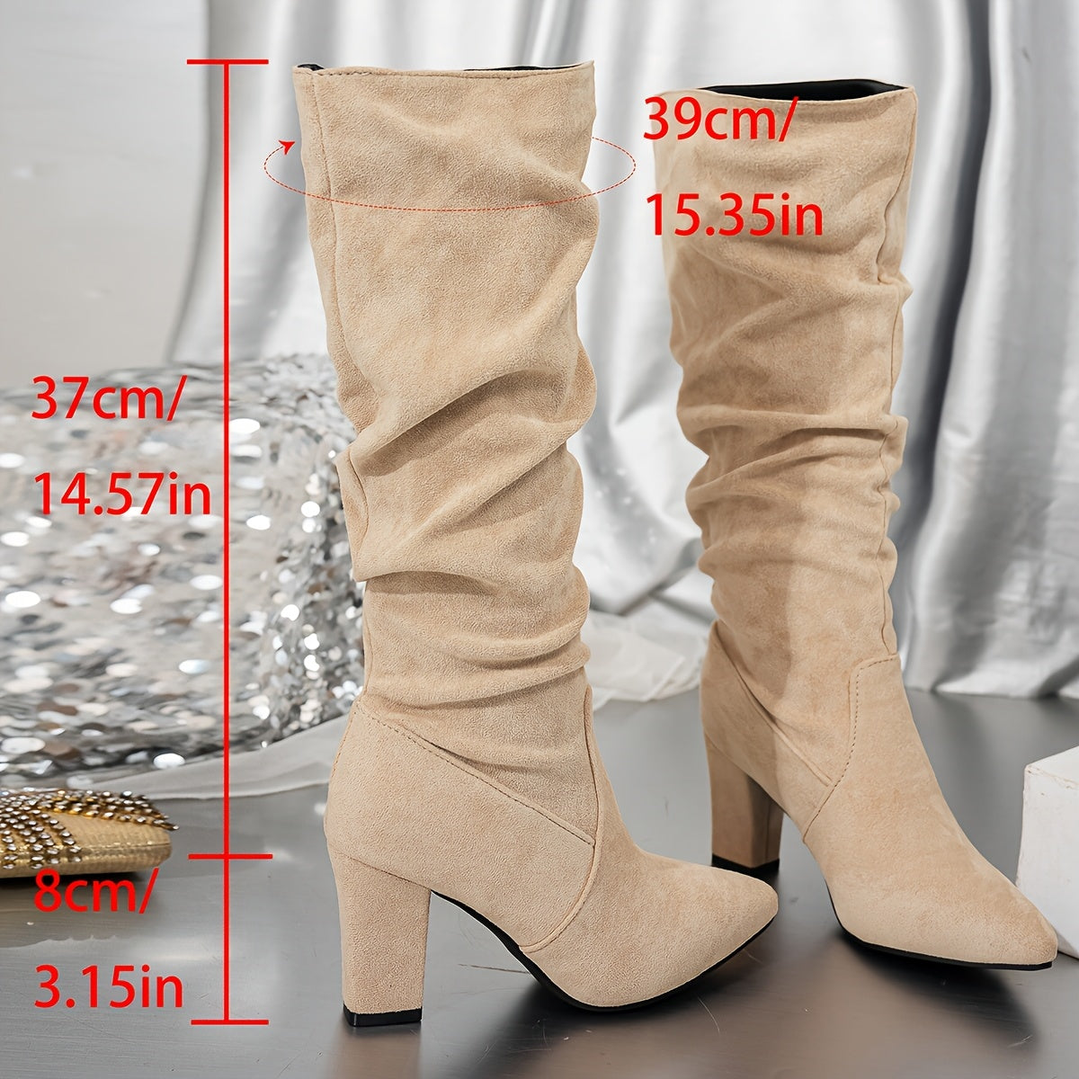 Women's Fashion Knee-High Boots - Velvet Accents Pointed Toe