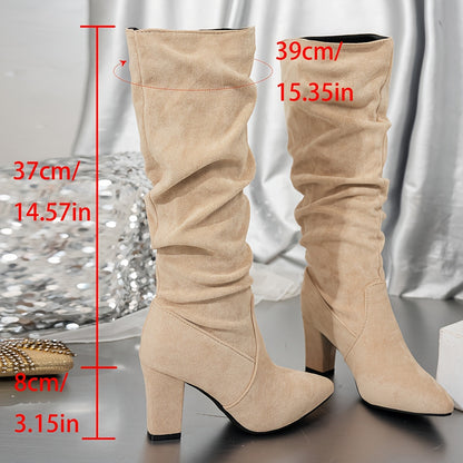 Women's Fashion Knee-High Boots - Velvet Accents Pointed Toe