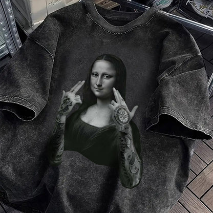 mona lisa Portrait Print T-Shirt - Loose Round Neck