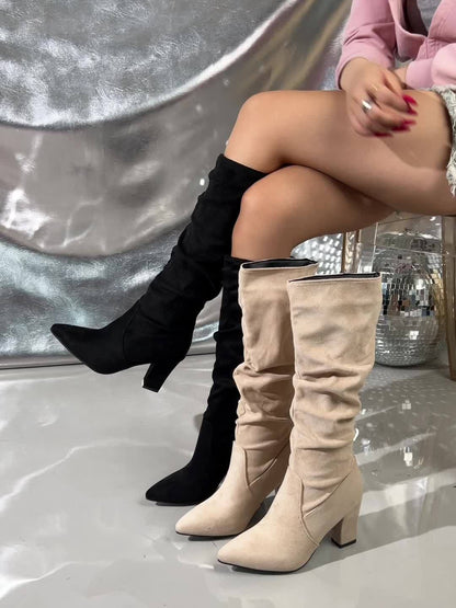 Women's Fashion Knee-High Boots - Velvet Accents Pointed Toe