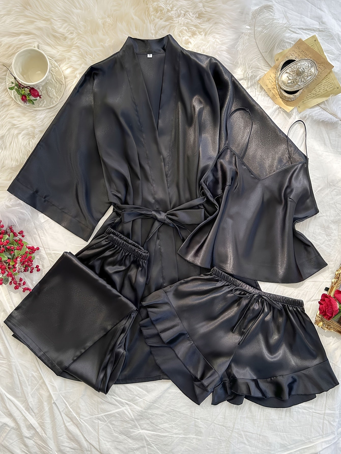 Women's All-Season V-Neck Pajama Set - Tie Waist Drawstring