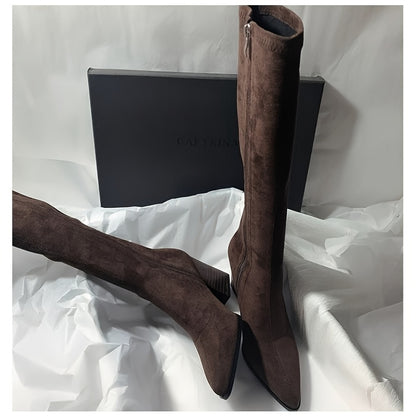 Women'S Elegant Brown Faux Cover Long Boots - Pointed Toe Chunky Heel, Zipper Closure, All-Season Versatile Dress Shoes for Casual & Formal Outfits, Sophisticated Style, Formal Footwear, High Heel Boots