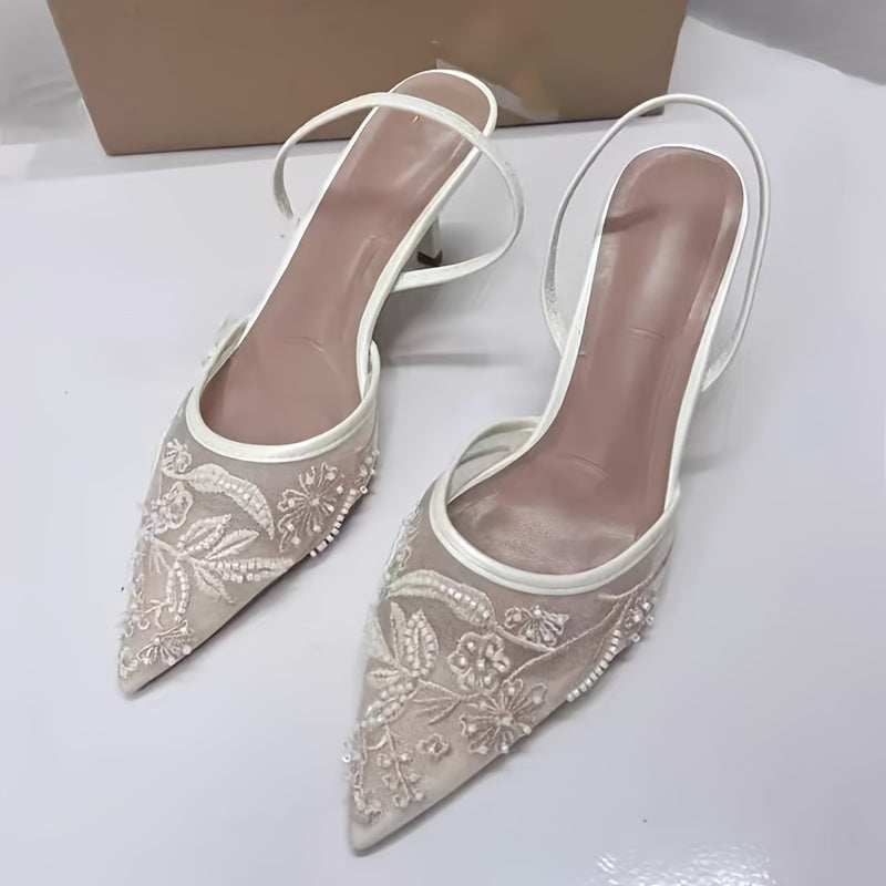 Embroidered Pointed-Toe Slingback Kitten Heels in Ivory