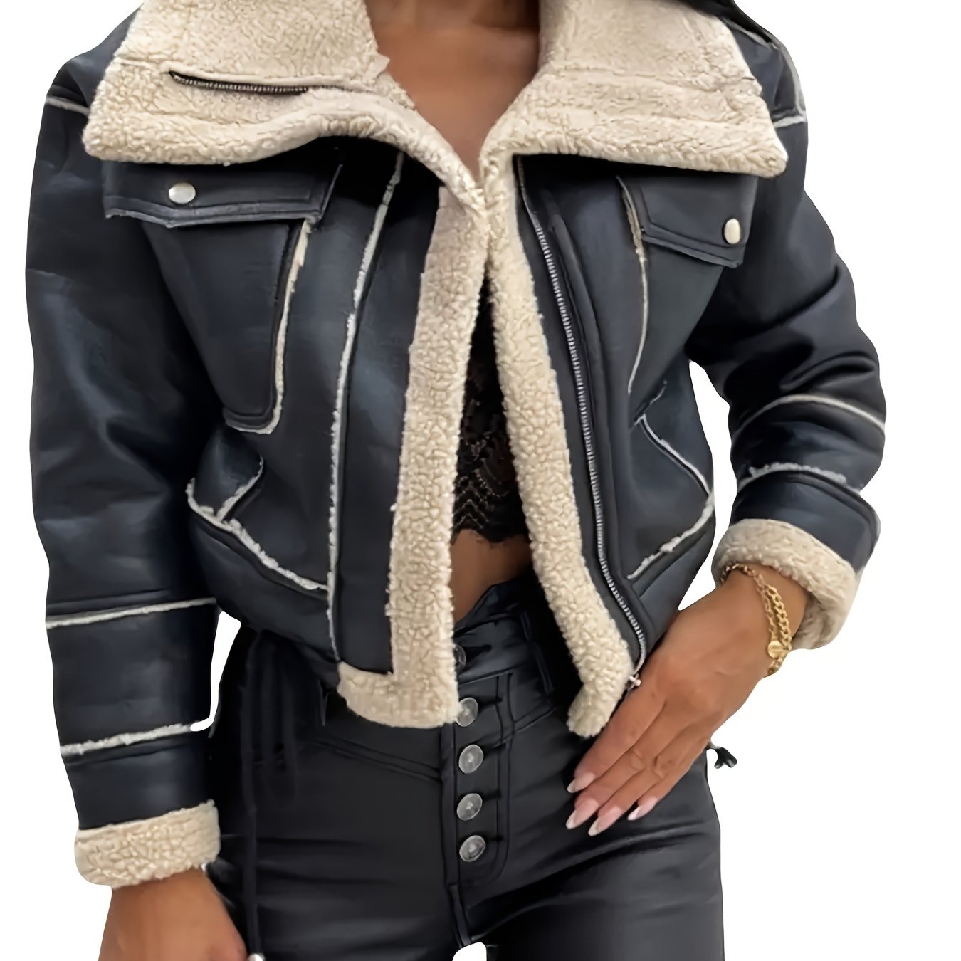 Women's Faux Shearling Biker Jacket - Lapel Collar Zip-Up