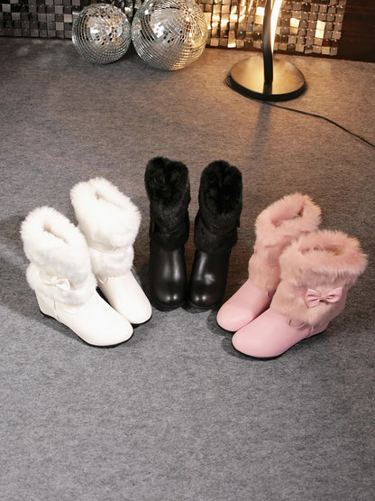 Women's Plush-Lined Winter Boots - Slip-On Mid-Calf Bow Detail
