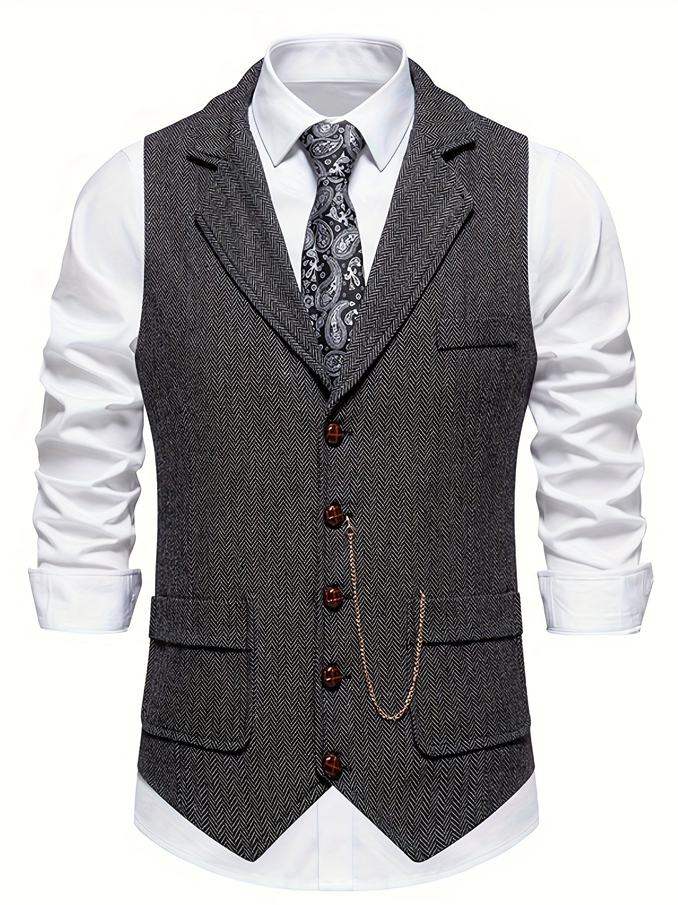 Men's Herringbone Tweed Vest - Single-Breasted Chain Detail Brown