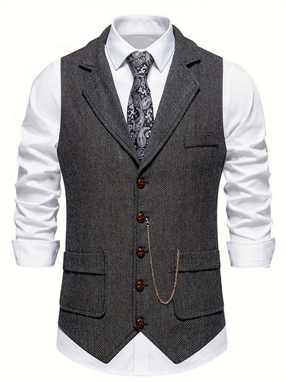 Men's Herringbone Tweed Vest - Single-Breasted Chain Detail Brown