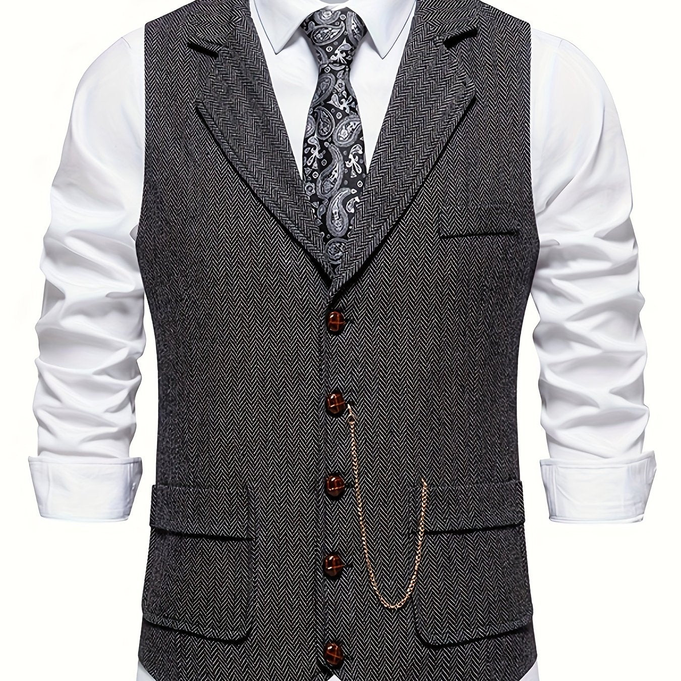 Men's Herringbone Tweed Vest - Single-Breasted Chain Detail Brown