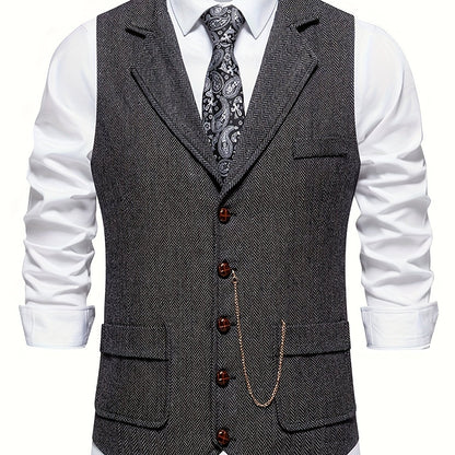 Men's Herringbone Tweed Vest - Single-Breasted Chain Detail Brown