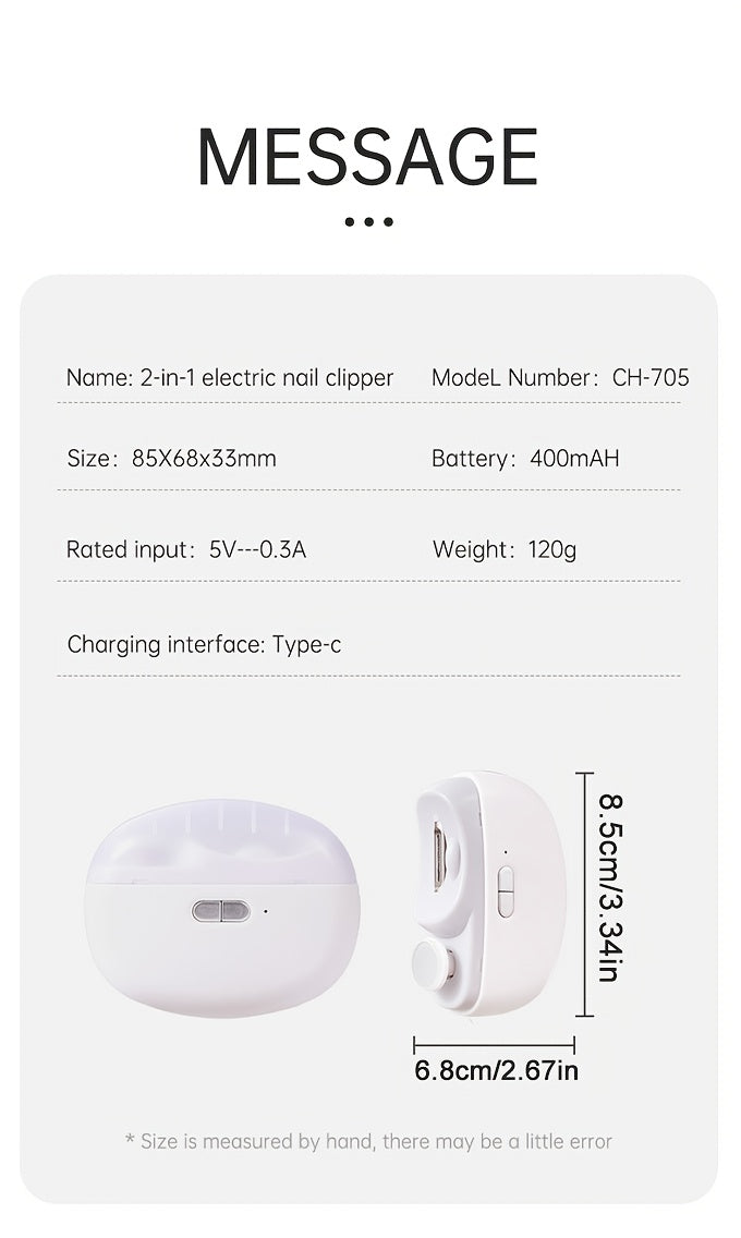 2-in-1 Electric Nail Clipper & Polisher - LED Light USB Charging