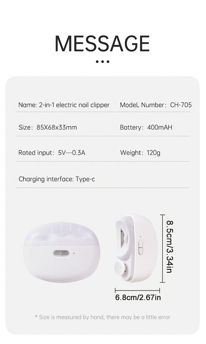 2-in-1 Electric Nail Clipper & Polisher - LED Light USB Charging