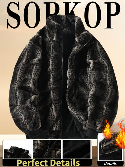 Men's Vintage Plush Jacket - Geometric Pattern with Faux Fur