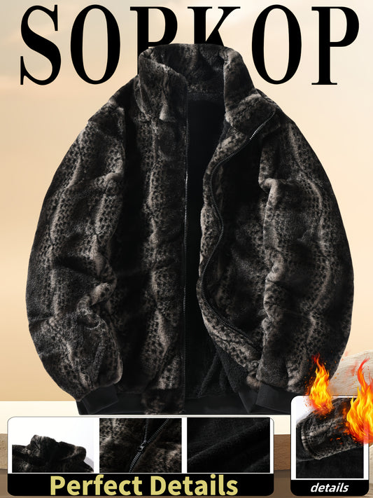 Men's Vintage Plush Jacket - Geometric Pattern with Faux Fur