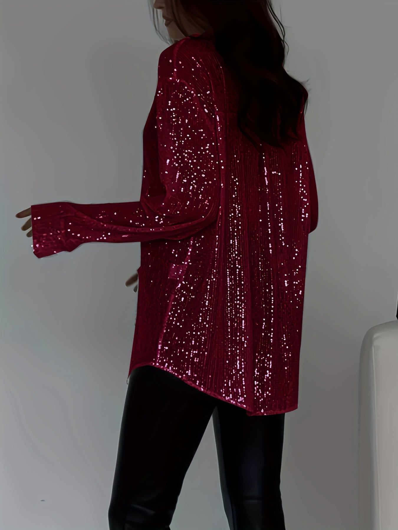 Plus Size Elegant Sequined Long-Sleeve Shirt - Lapel Collar