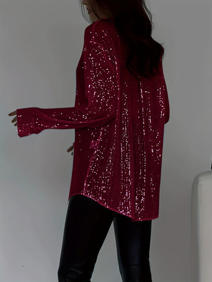 Plus Size Elegant Sequined Long-Sleeve Shirt - Lapel Collar