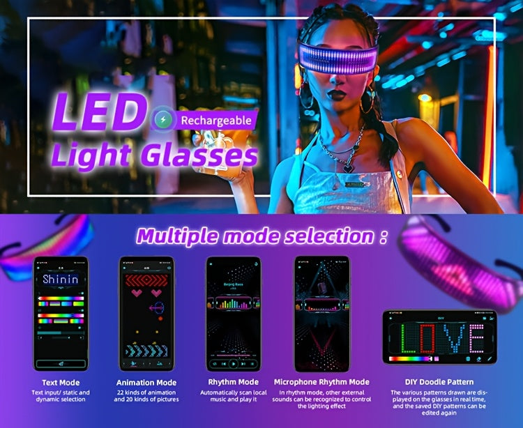 Full-Color LED Glasses - App Control Programmable for Raves & Parties
