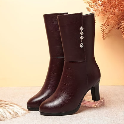 Women's Fleece-Lined Mid-Calf Boots - Rhinestone