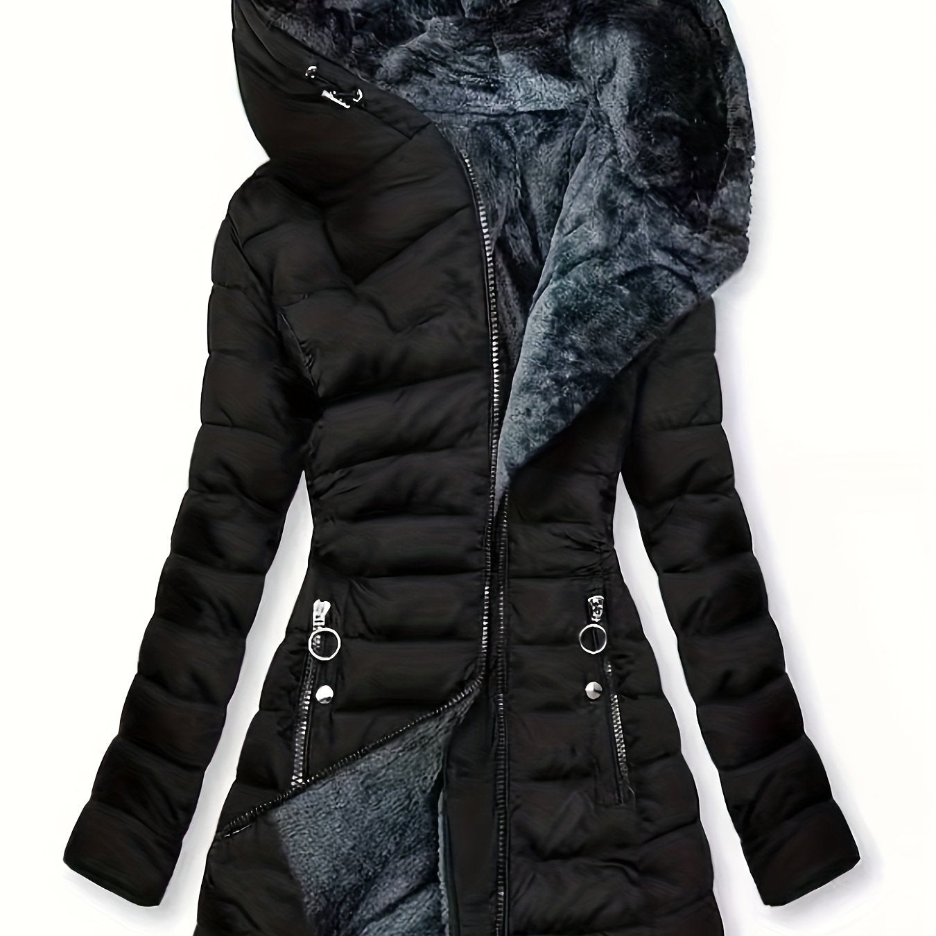 Plus Size Hooded Mid-Length Thick Warm Coat - Anti-Cold Zipper