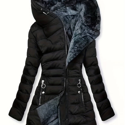 Plus Size Hooded Mid-Length Thick Warm Coat - Anti-Cold Zipper