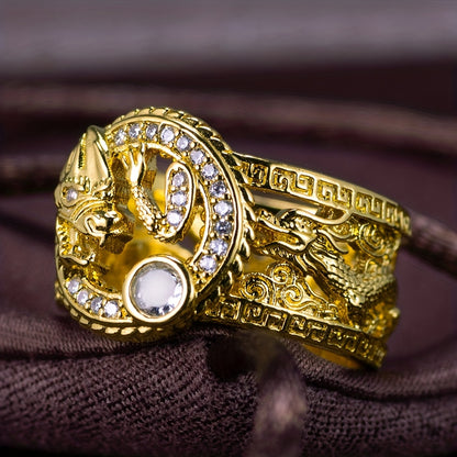 Chinese Dragon Ring for Men - Copper with Zircon Accents