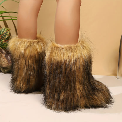 Women's Slip-On Mid-Calf Boots - Plush Faux Fur Lining Winter