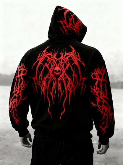 Men's Gothic Skull Print Zip Hoodie - Loose Fit with Pockets