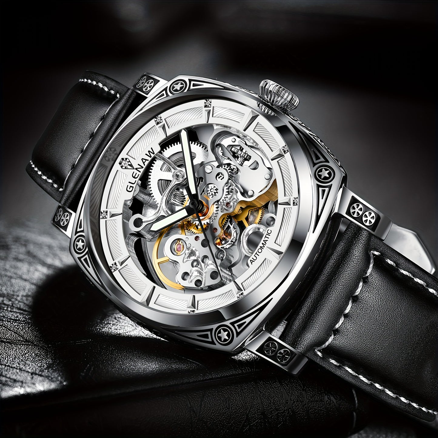 GLENAW Men's Hollow Automatic Watch - Rhinestone Dial Mechanical