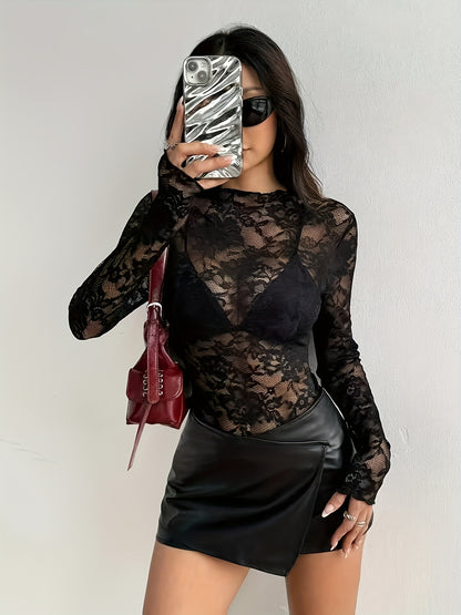 Women's Floral Mesh Long Sleeve Crop Top - Sexy Black & White