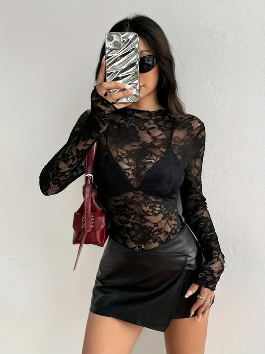 Women's Floral Mesh Long Sleeve Crop Top - Sexy Black & White