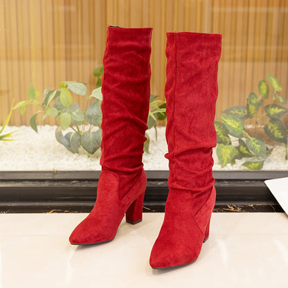 Women's Mid-Calf Boots - Chunky Heel Slip-On Pointed Toe