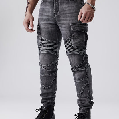 ESDVQ Men's Stretch Slim Multi-Pocket Jeans - Locomotive Stitching