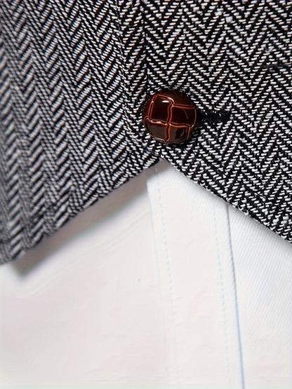 Men's Herringbone Tweed Vest - Single-Breasted Chain Detail Brown