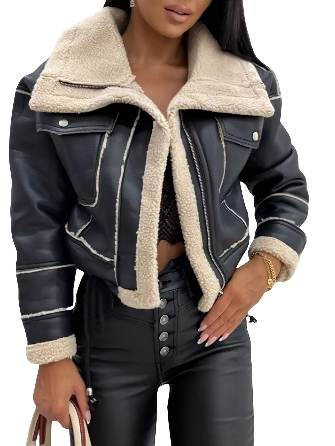 Women's Faux Shearling Biker Jacket - Lapel Collar Zip-Up