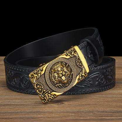 Vintage Genuine Leather Belt - Tiger Head Automatic Buckle