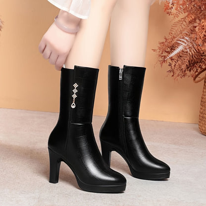 Women's Fleece-Lined Mid-Calf Boots - Rhinestone