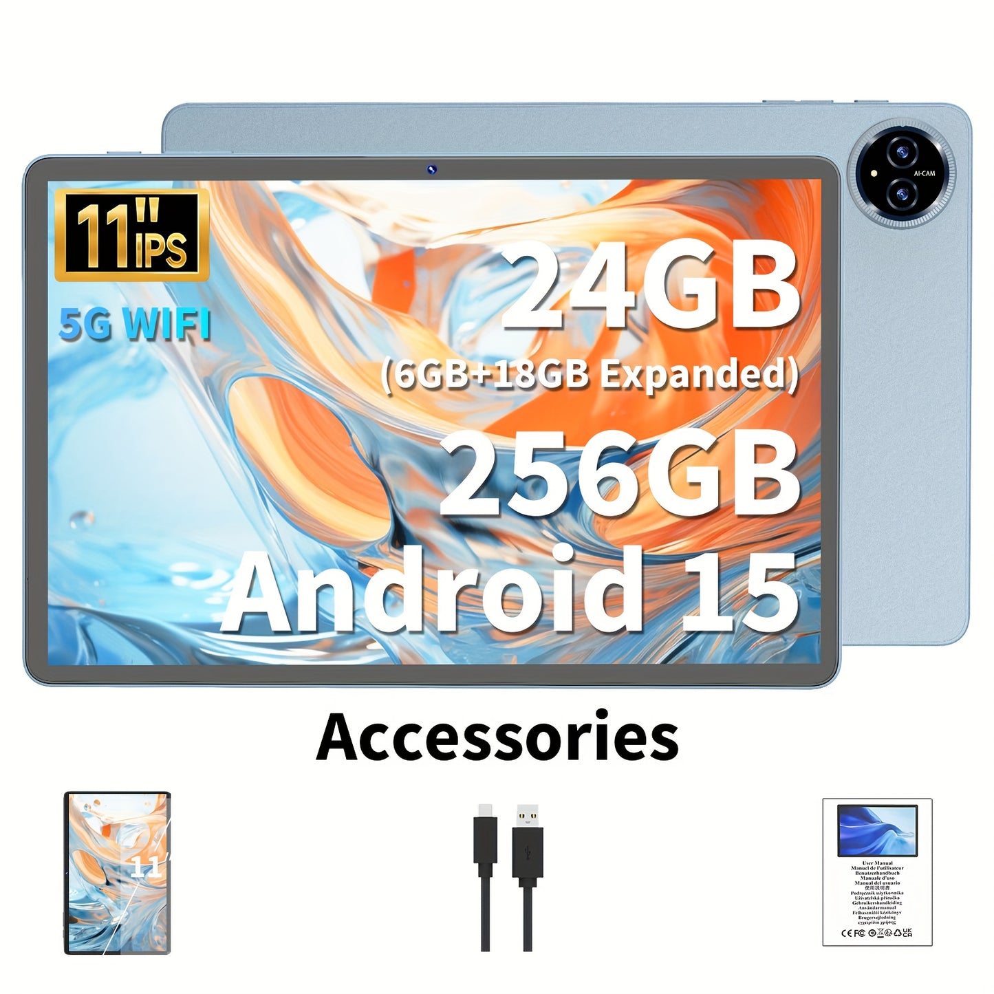 QDDQ Android 15 Tablet 11" - 24GB RAM 256GB 8000mAh Dual Camera