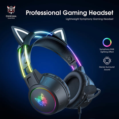 ONIKUMA RGB Gaming Headset - Detachable Cat Ear with Surround Sound