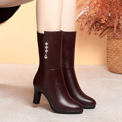 Women's Fleece-Lined Mid-Calf Boots - Rhinestone