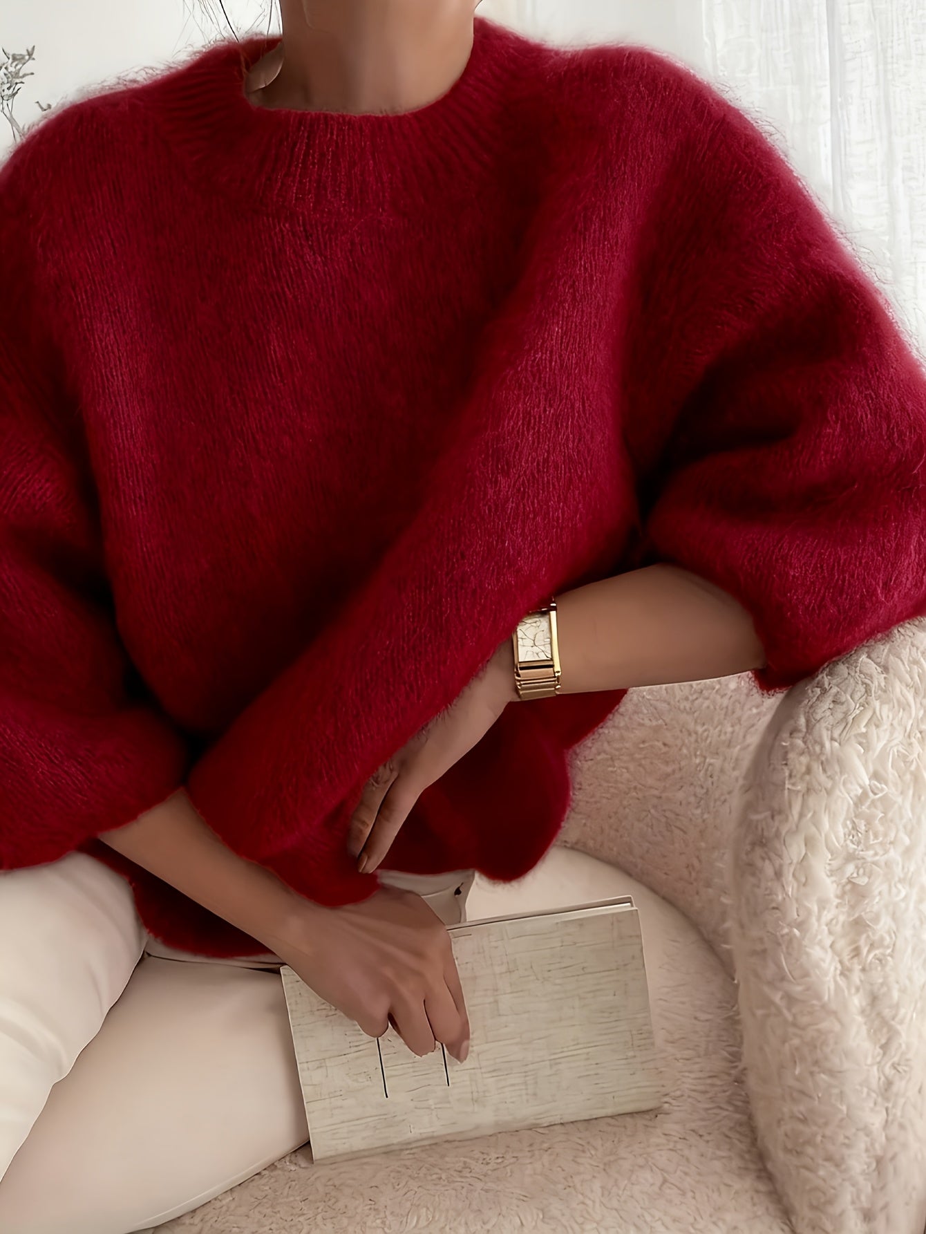 Women's Alpaca Sweater - Elegant Round Neck Winter Coat, Soft Warm Pure Color Blouses | High Elasticity for a Flattering Fit | Solid Color Sweaters for Dresses, Skirts & Pants Toppings | Hand Wash/Dry Clean (Autumn/Winter War