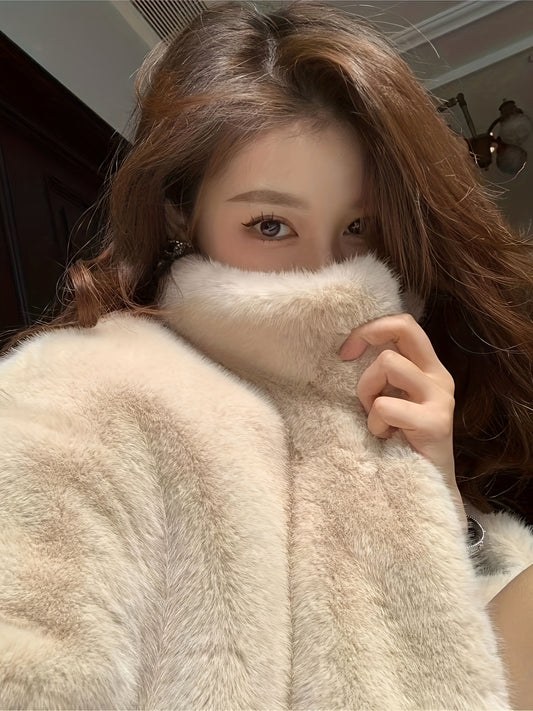 Faux Fur Open Front Fuzzy Coat, Elegant Long Sleeve Warm Outerwear For Fall & Winter, Women's Clothing