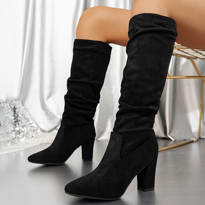 Women's Fashion Knee-High Boots - Velvet Accents Pointed Toe