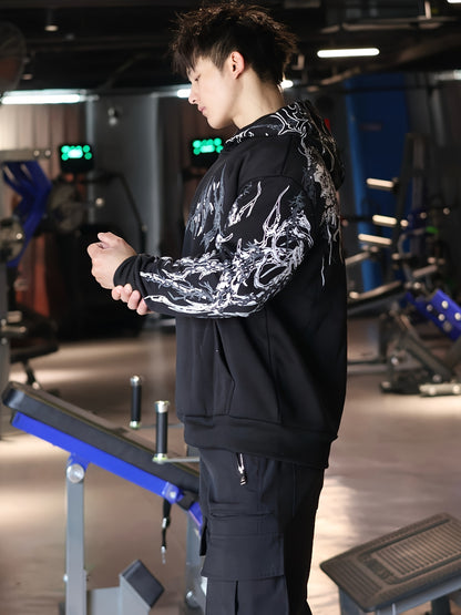 Men's Striped Graphic Print Hoodie - Loose Fit with Kangaroo Pocket