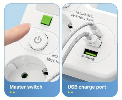 EU Plug Power Strip - 4 Sockets 2 USB Ports Night Light