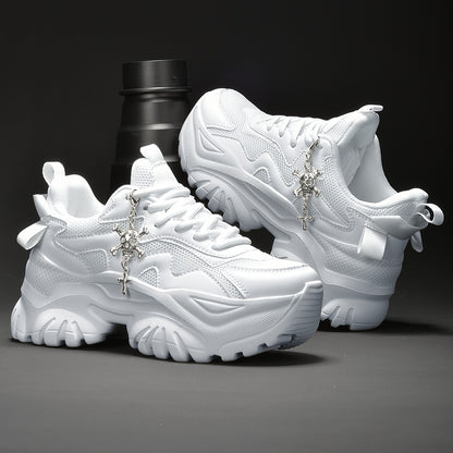 Women's 7cm Height-Increasing Fashion Casual Sneakers with Halloween Elements 3D Cross Skull Metal Shiny Pendant Chain Accessory, Dark Style Women's Outdoor All Seasons EVA Thick Platform High Waterline Lightweight Soft Botto