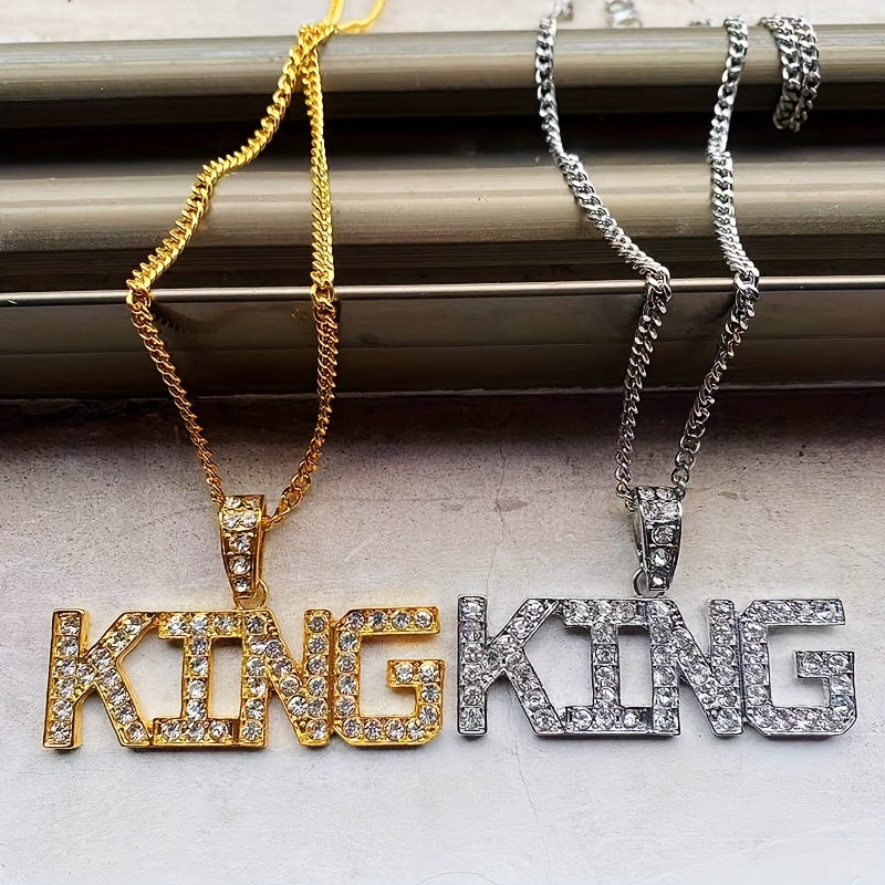 76cm Cuban Chain Iced Out King Pendant Necklace - White Gold Plated