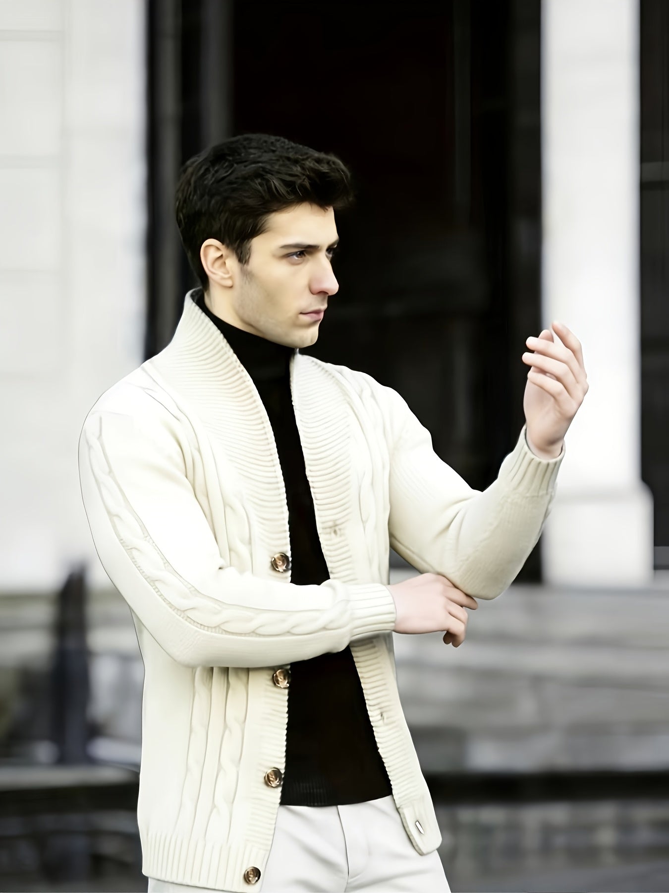 Men's Cable Knit Sweater - Black Large Lapel Ribbed