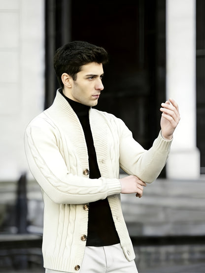 Men's Cable Knit Sweater - Black Large Lapel Ribbed